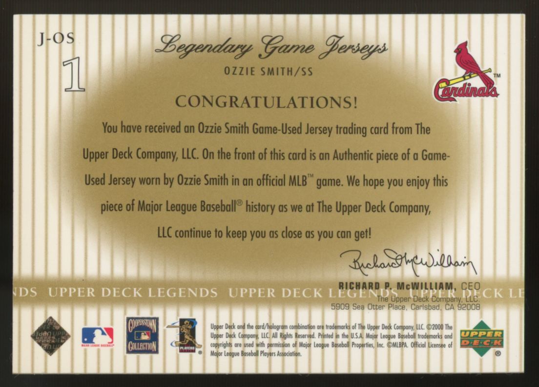 2000 Upper Deck Ozzie Smith Legendary Game Patch Jerseys #J-OS