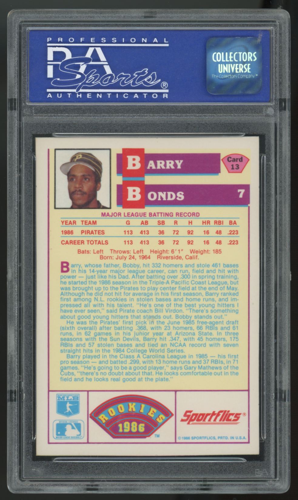 1986 Sportflics Rookies Barry Bonds RC #13 PSA 9