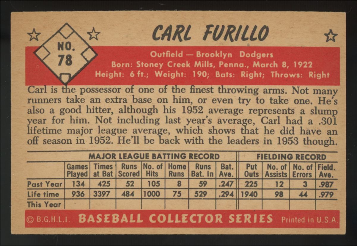 1953 Bowman Color Carl Furillo #78 EX