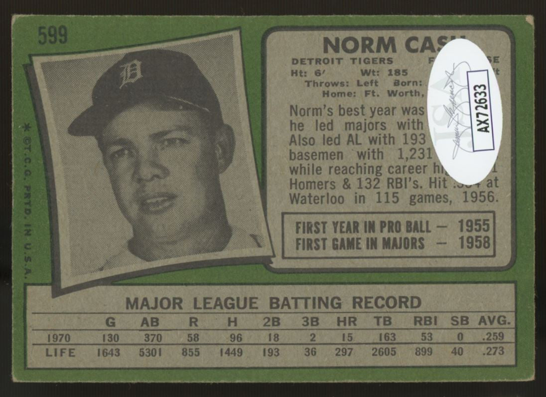 1971 Topps Norm Cash #599 Signed Auto JSA