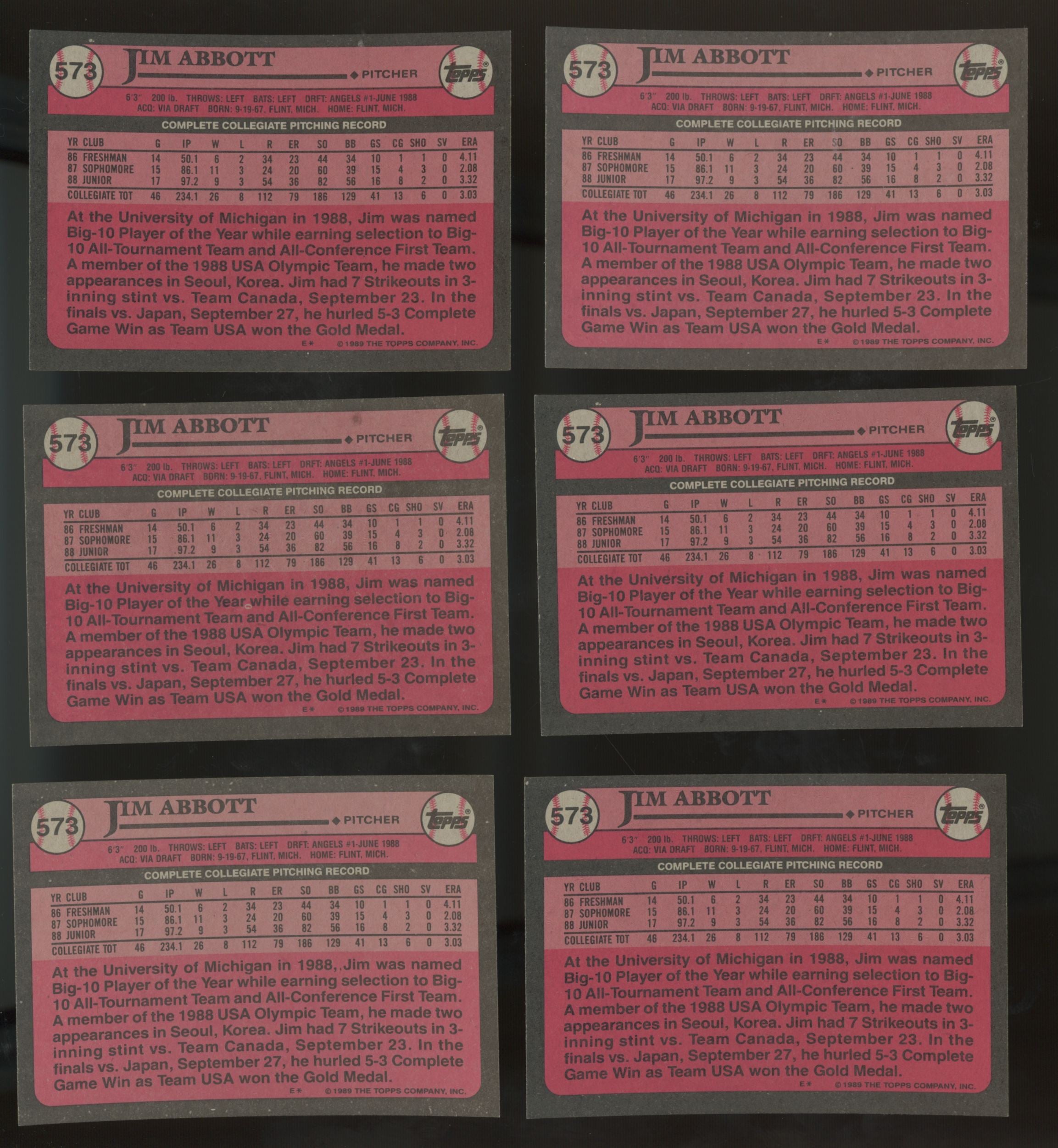 1989 Topps Jim Abbott RC #1 Draft Pick #573 (Lot Of 24)