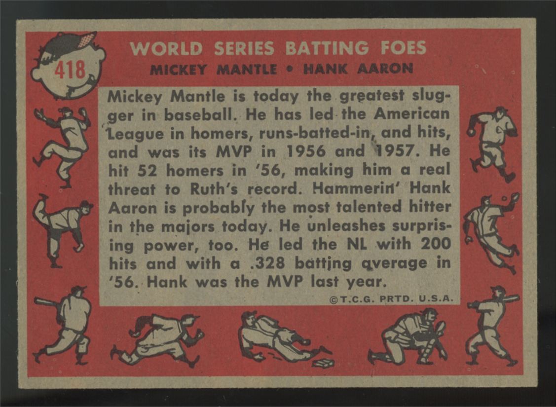 1958 Topps Mickey Mantle/Hank Aaron Batting Foes #418 EX+