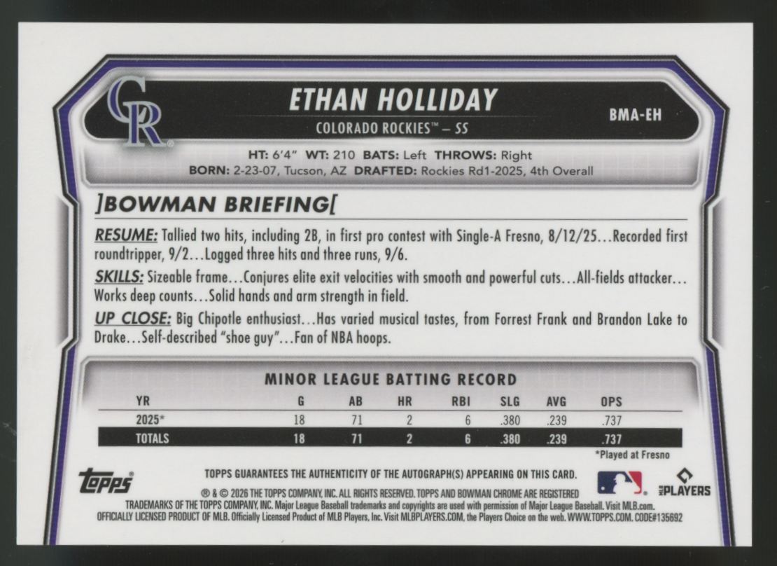 2026 Bowman Chrome Mega Ethan Holliday Prospect Aqua Auto /125 #BMA-EH