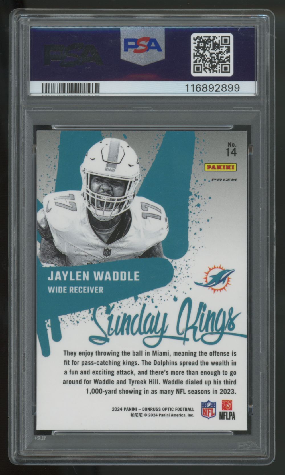 2024 Donruss Optic Jaylen Waddle Sunday Kings Prizm SSP #14 PSA 10