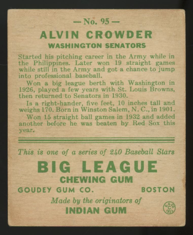 1933 Goudey Alvin Crowder #95 VG-EX
