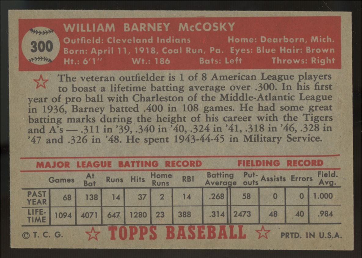 1952 Topps Barney McCosky #300 NM