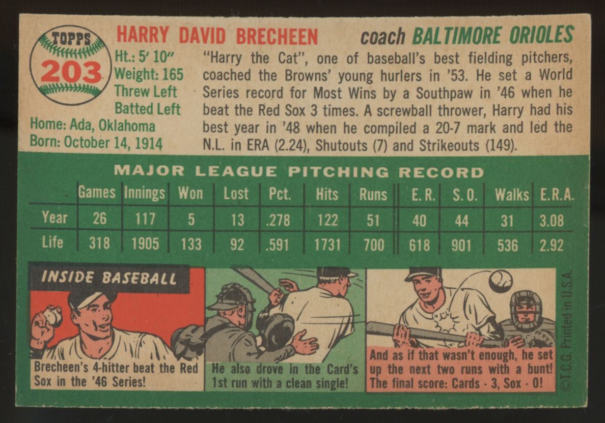1954 Topps Harry Brecheen #203 NM