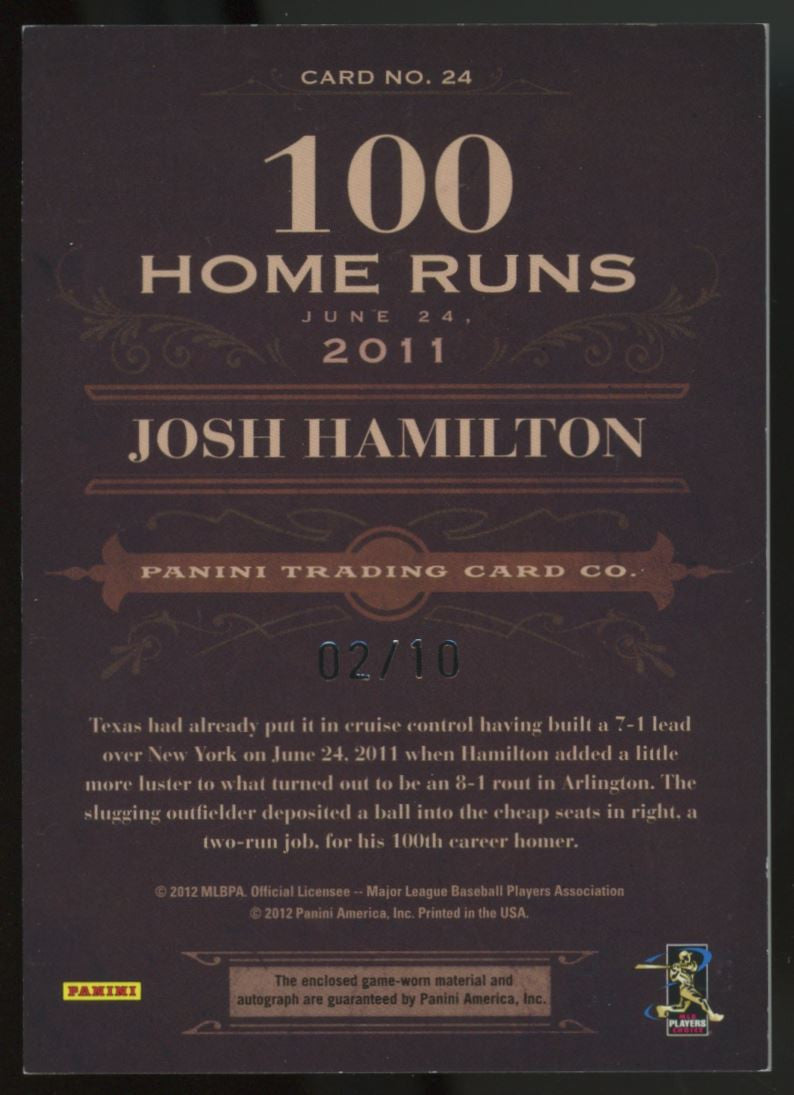 2011 Prime Cuts Josh Hamilton Biography Bat Relic Auto /10 #24