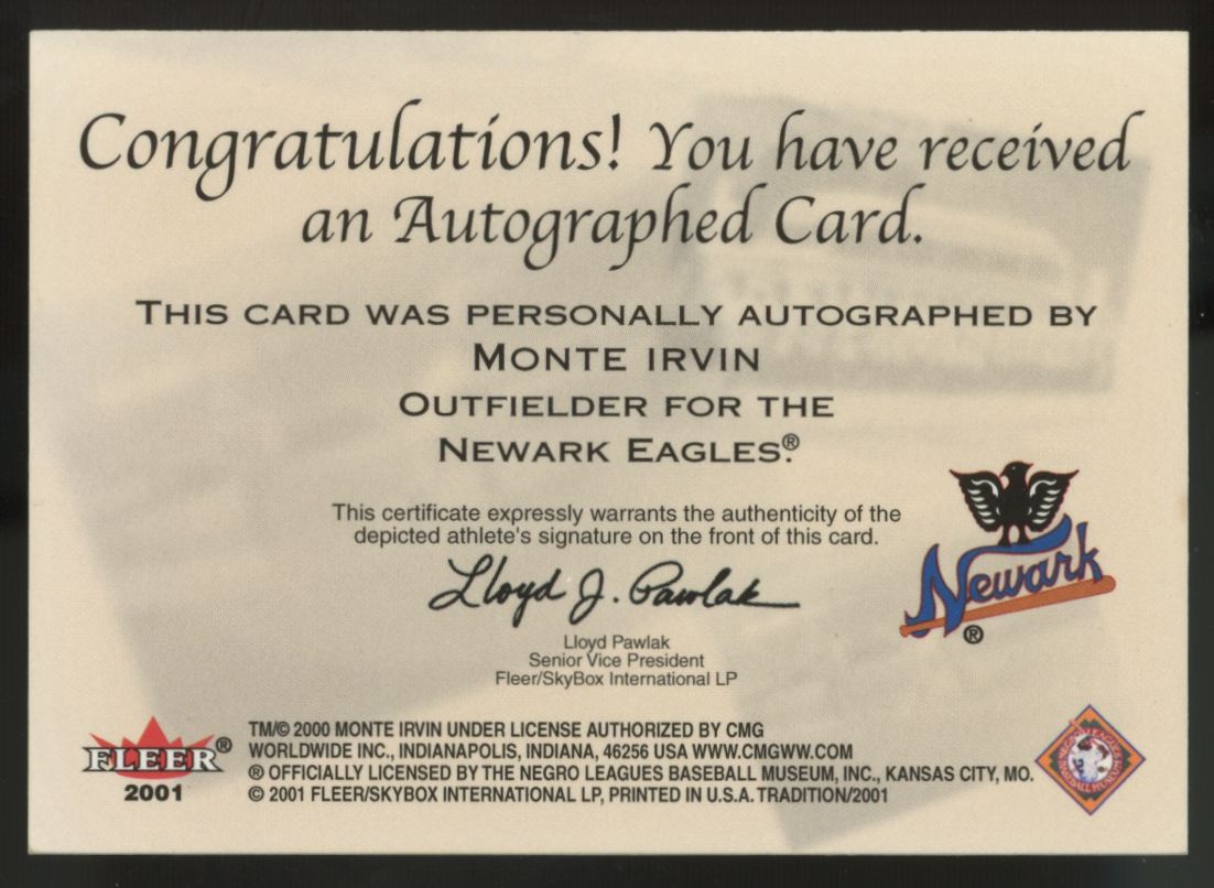 2001 Fleer Tradition Monte Irvin Stitches In Time Auto