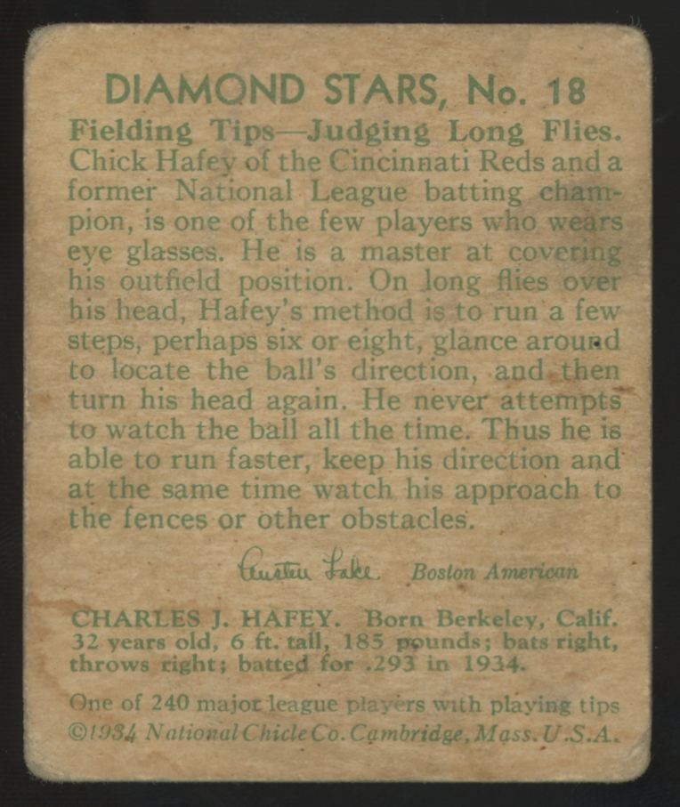 1934 National Chicle "Chick" Hafey Diamond Stars #18 Poor