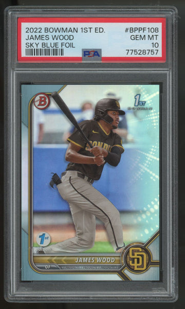 2022 Bowman 1st Edition James Wood 1st Sky Blue Foil #BPPF-108 PSA 10