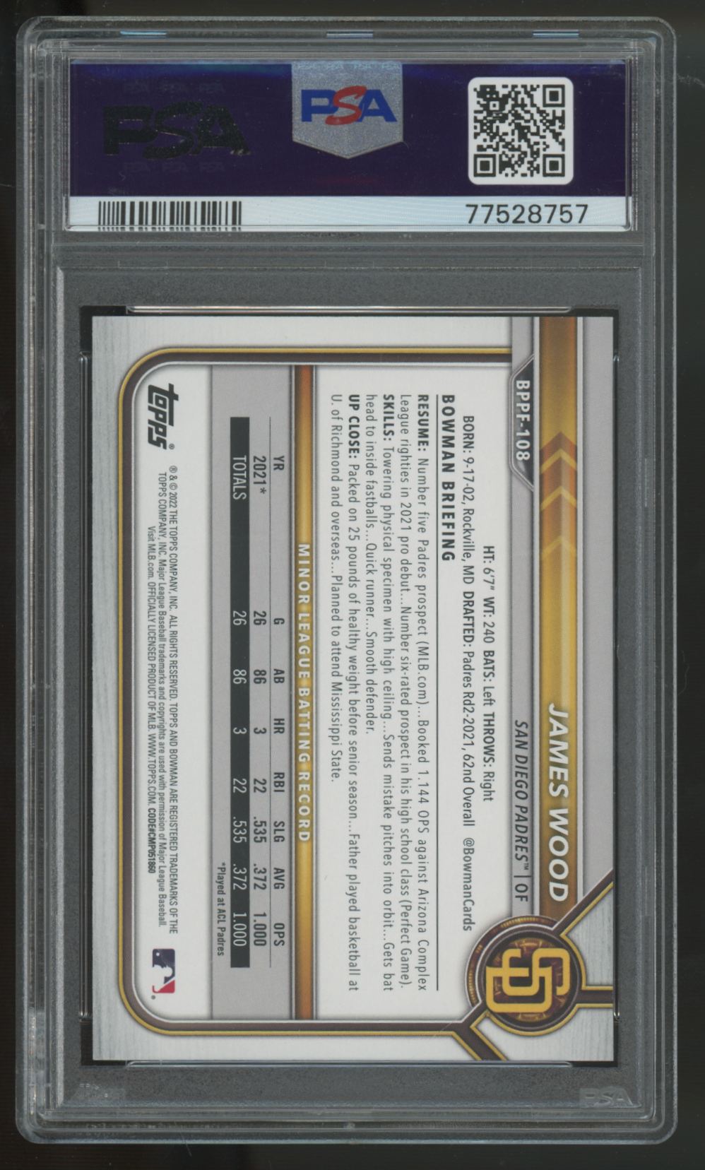2022 Bowman 1st Edition James Wood 1st Sky Blue Foil #BPPF-108 PSA 10