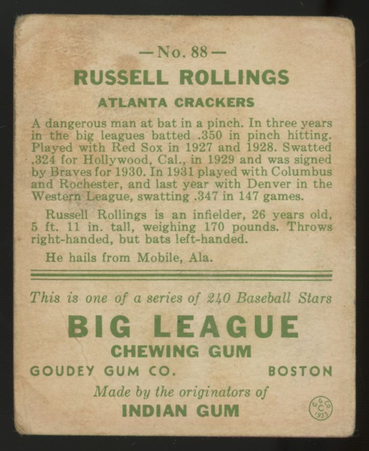 1933 Goudey Russell Rollings #88 Poor
