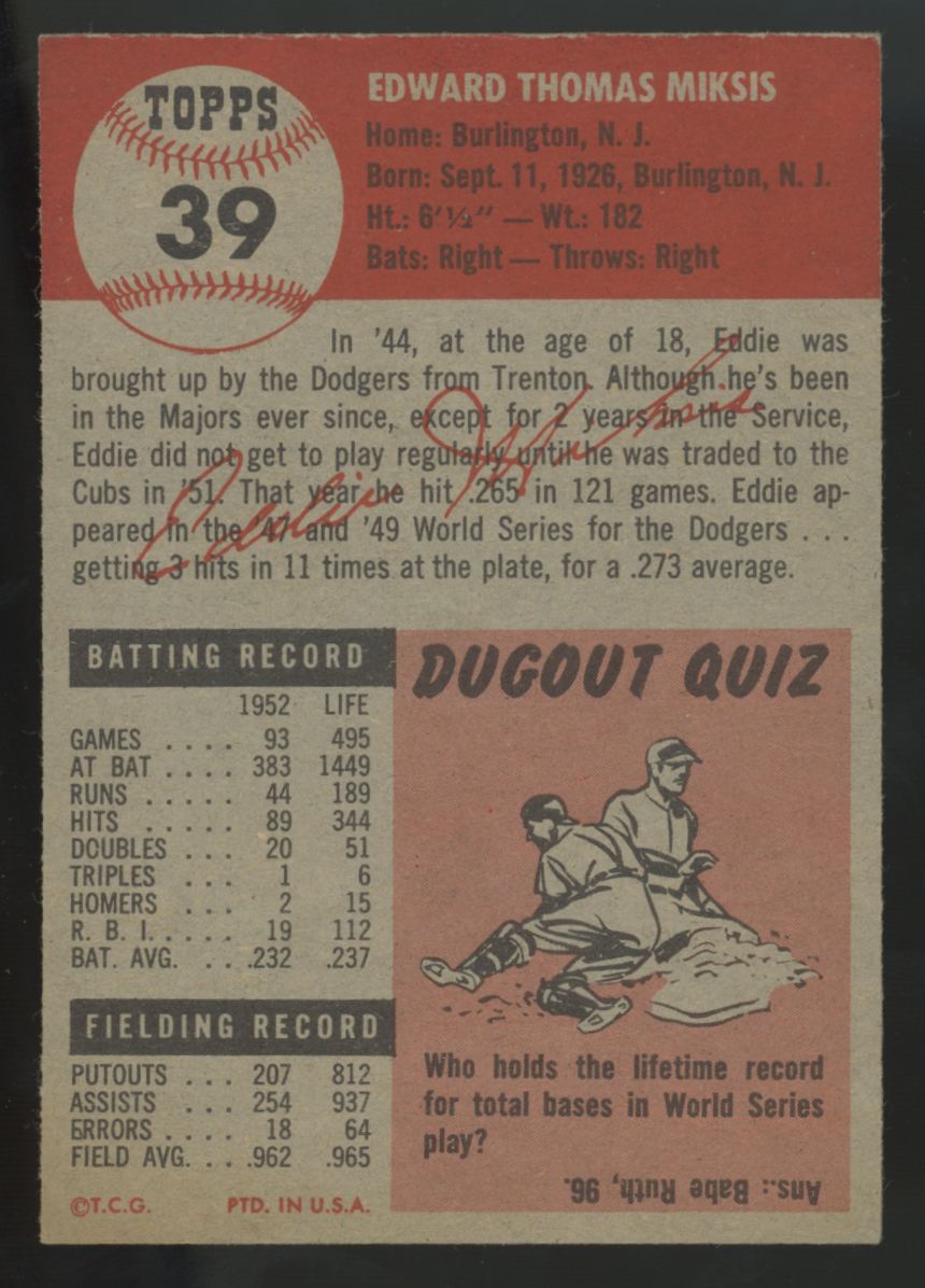 1953 Topps Eddie Miksis #39 NM-MT
