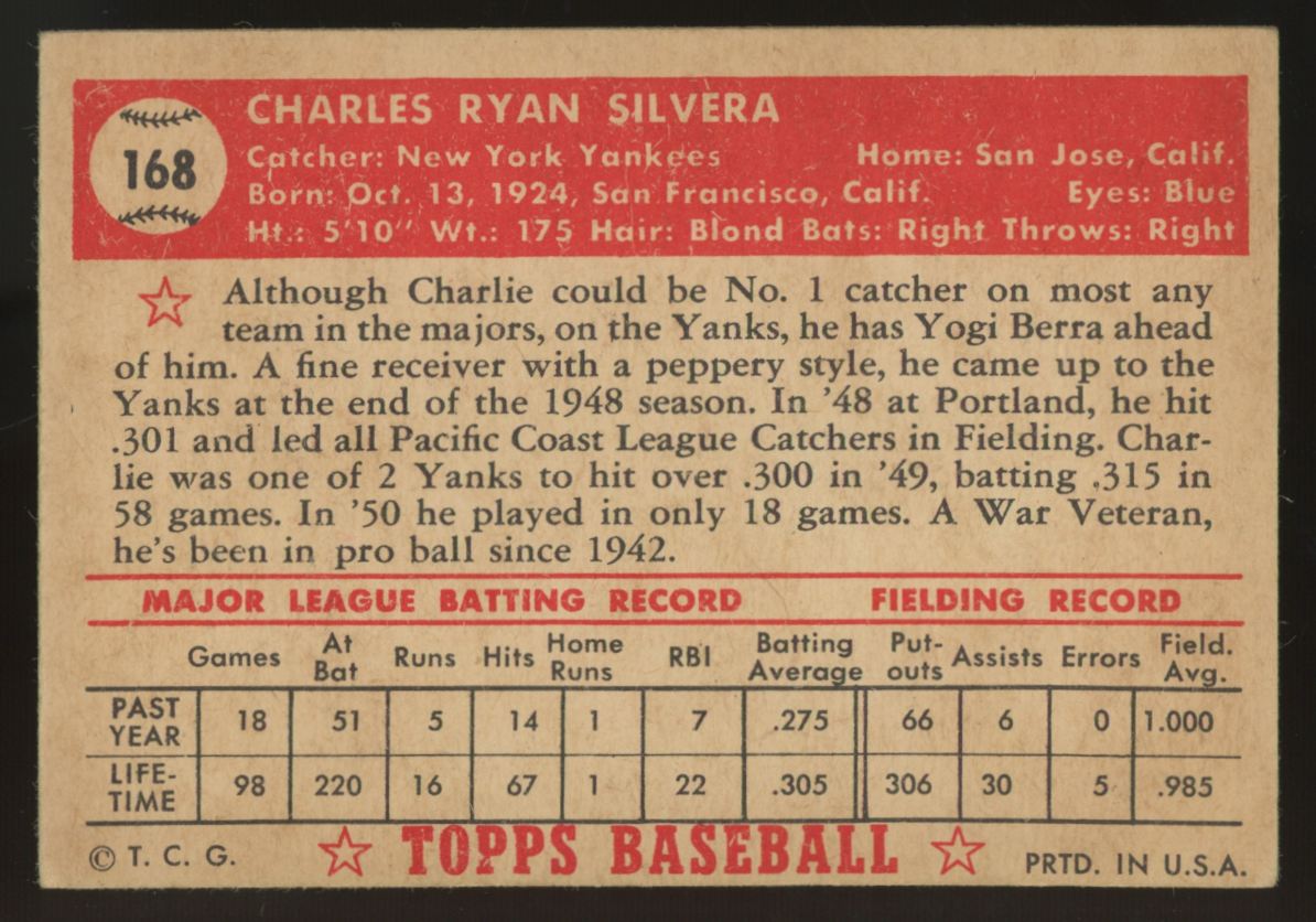1952 Topps Charlie Silvera #168 VG