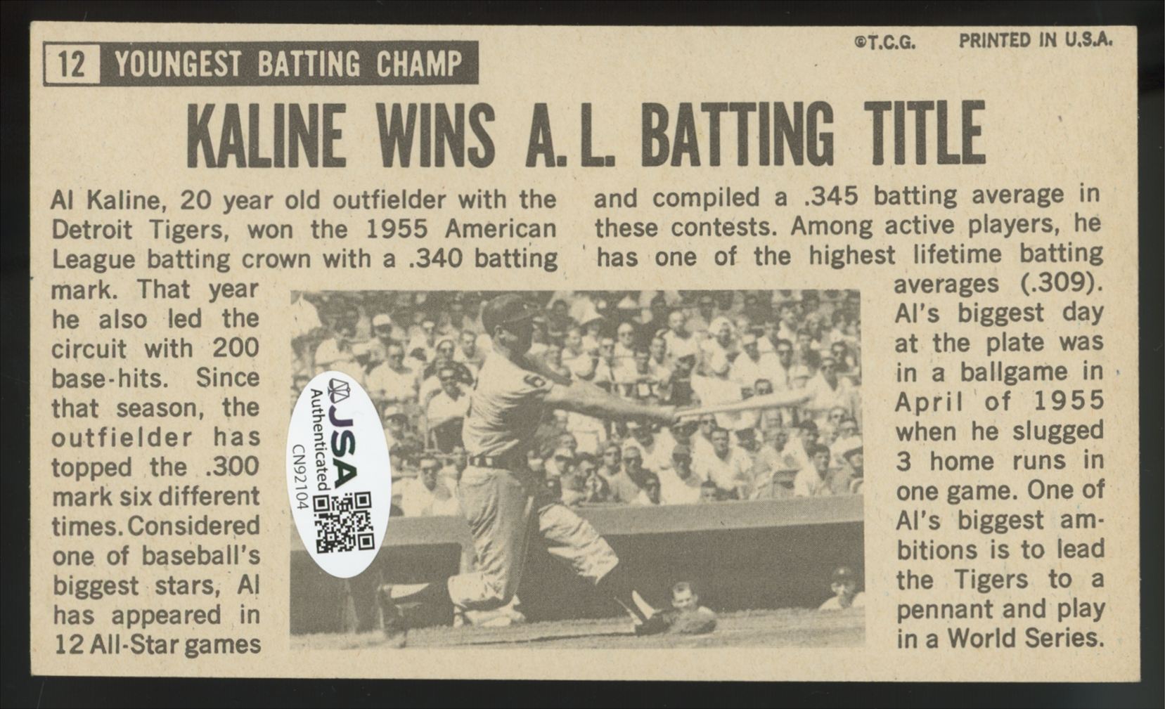 1964 Topps Giants Al Kaline Signed Autograph #12 JSA Authentic