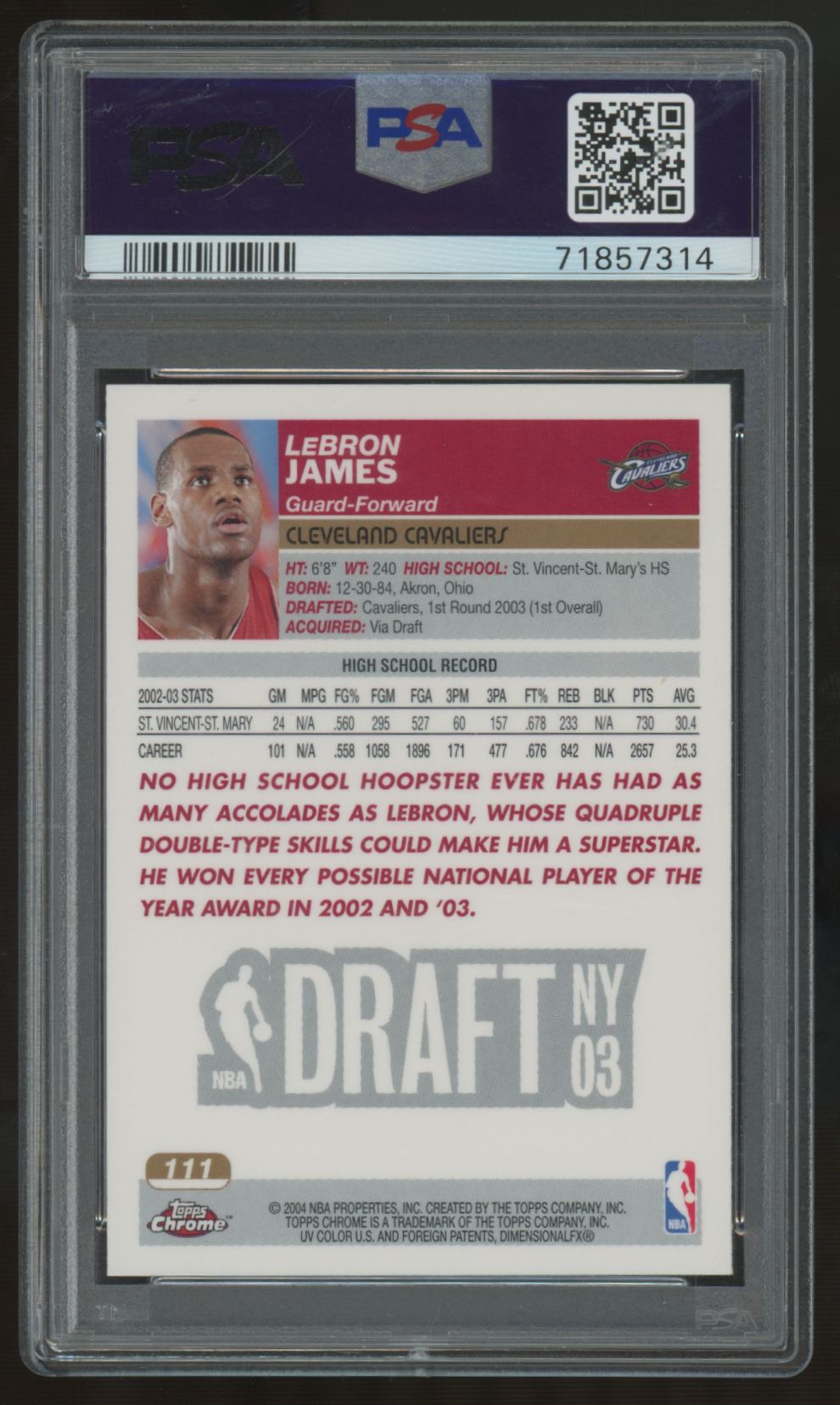 2003-04 Topps Chrome LeBron James RC #111 PSA 9 *314