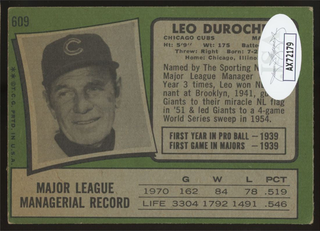 1971 Topps Leo Durocher #619 Signed Autographed Card JSA