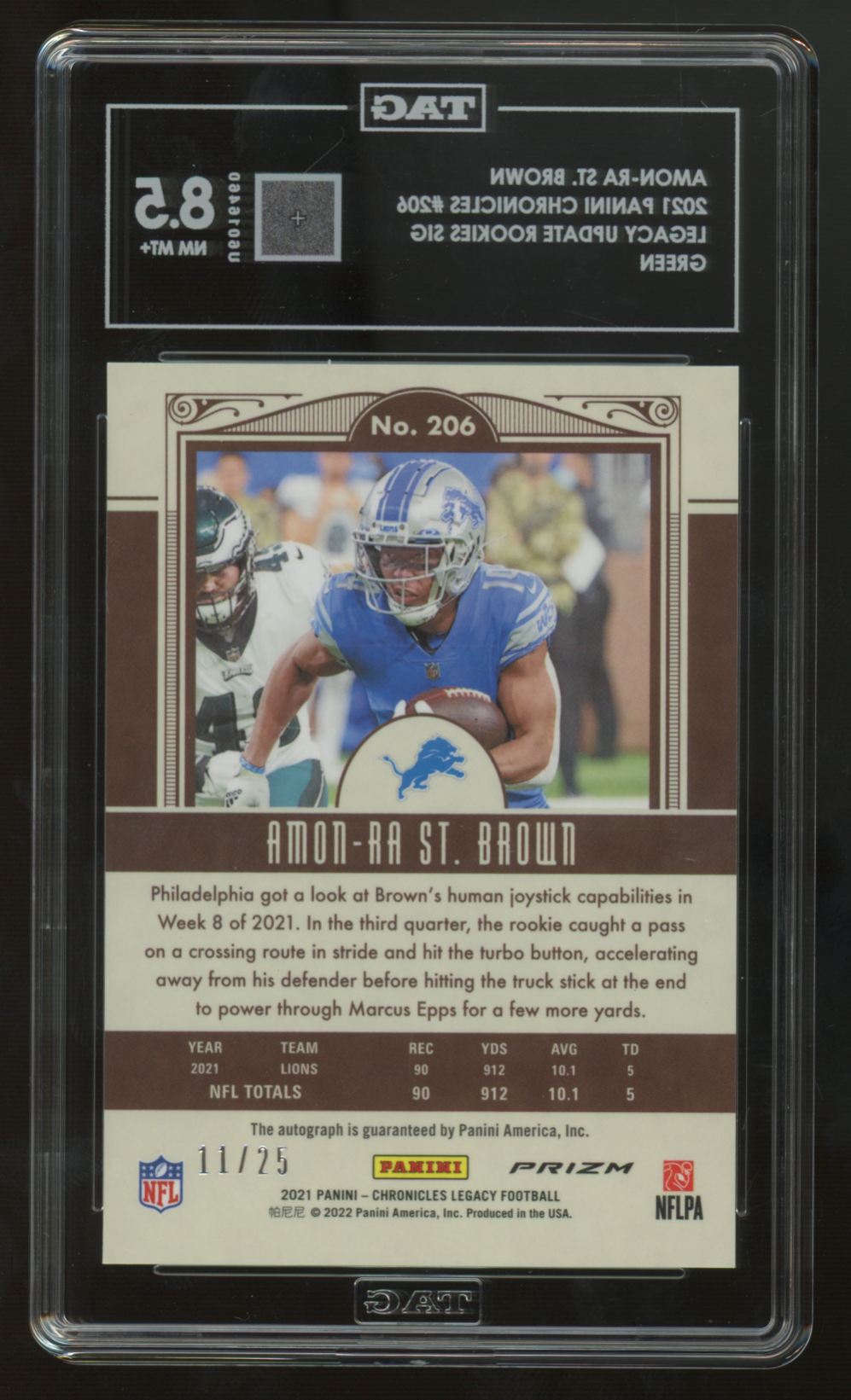 2021 Chronicles Legacy Amon-Ra St. Brown RC Update Green Prizm Auto /25 TAG 8.5