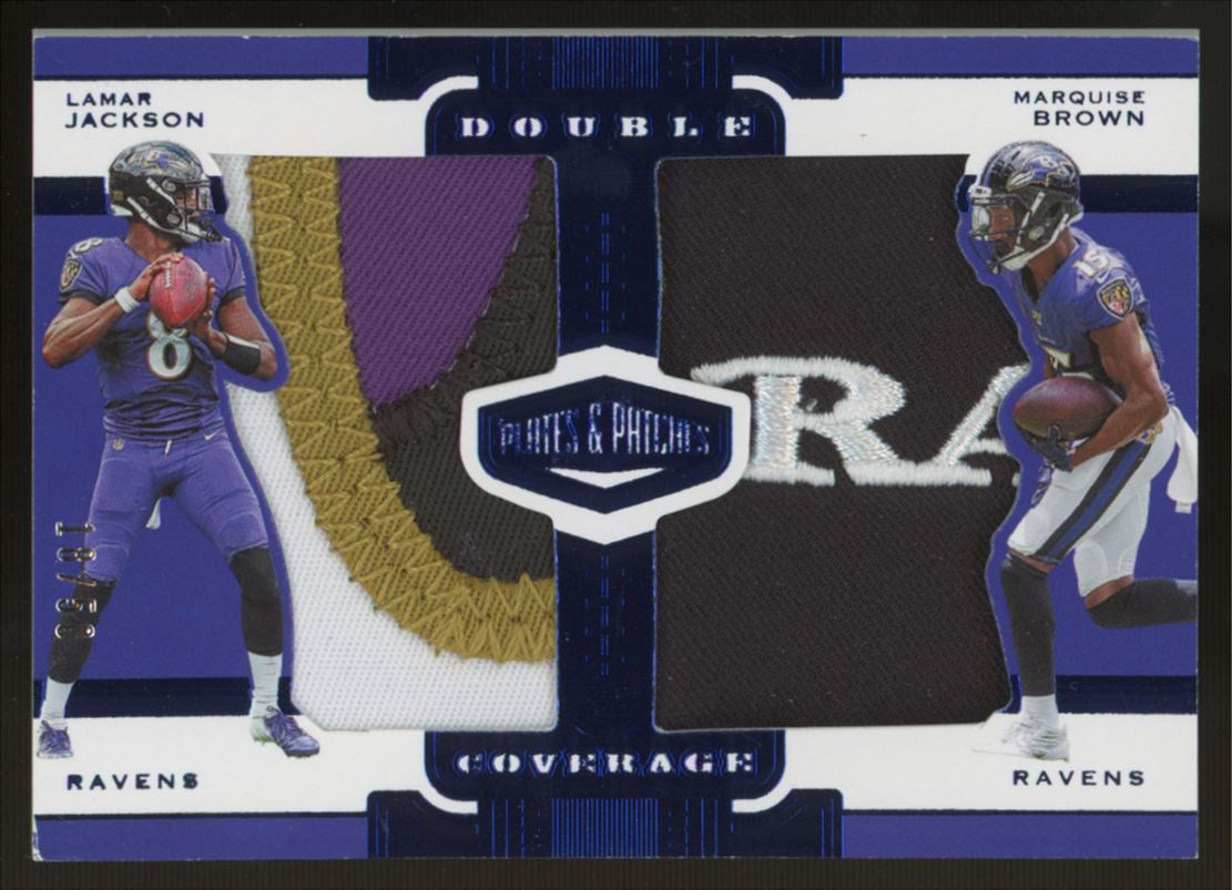 2019 Plates And Patches Lamar Jackson, Brown Double Coverage Blue Patch /50
