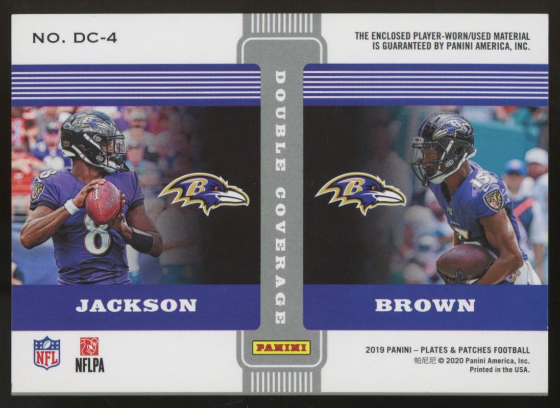 2019 Plates And Patches Lamar Jackson, Brown Double Coverage Blue Patch /50