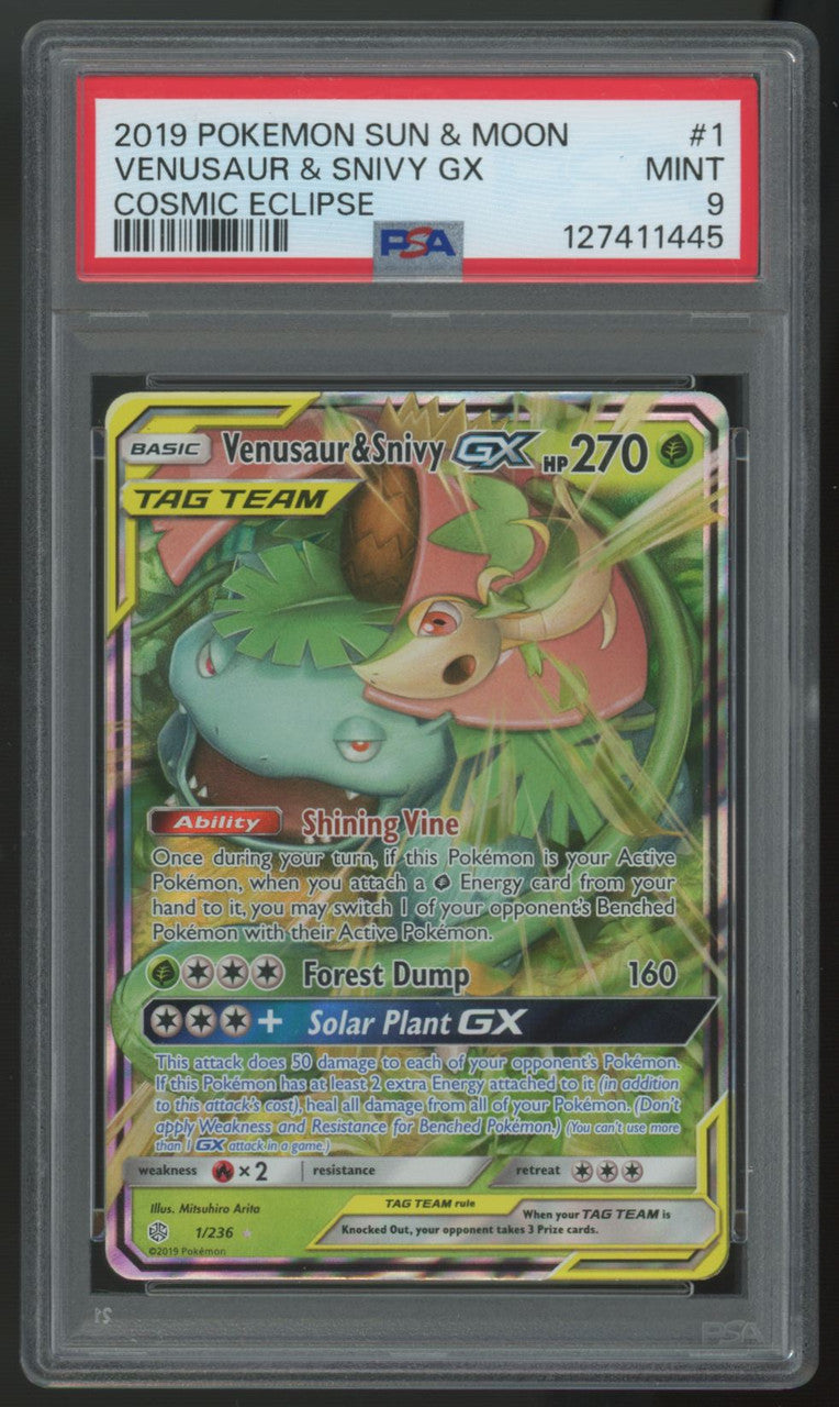 2019 Pokemon Venuaur & Snivy GX Cosmic Eclipse Holo #1 PSA 9