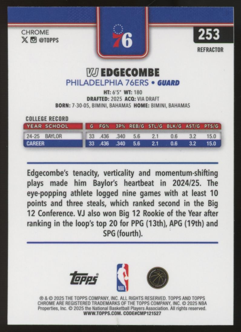 2025-26 Topps Chrome VJ Edgecombe RC Refractor #253