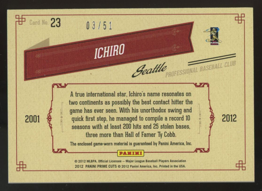 2012 Panini Prime Cuts Ichiro Timeline Patch /51 #23