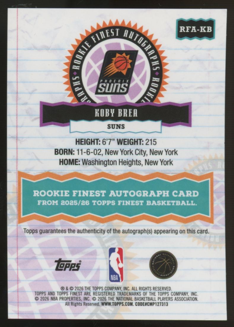 2025-26 Topps Finest Koby Brea RC Finest Gold Geometric Auto /50 #RFA-KB