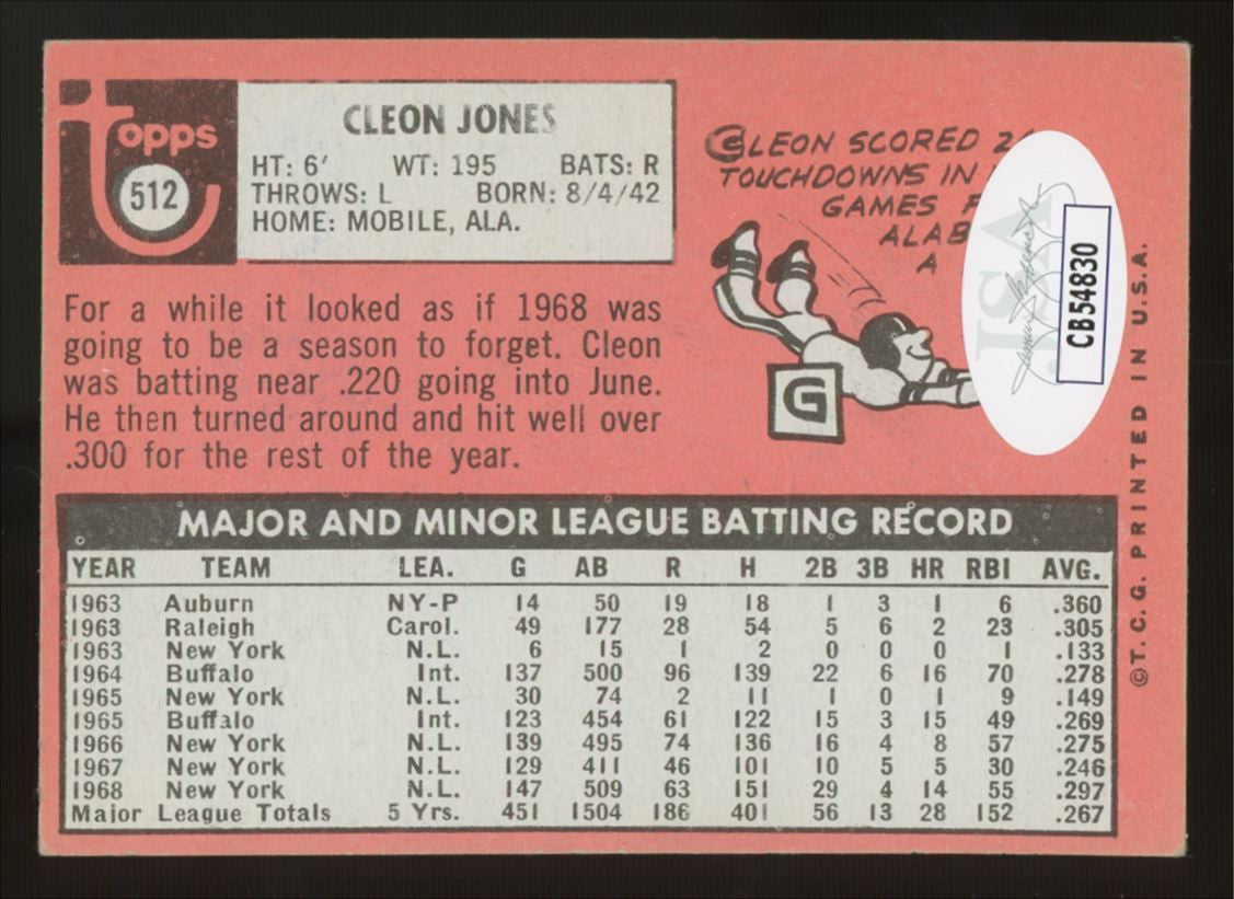 1969 Topps Cleon Jones #512 Signed Auto JSA
