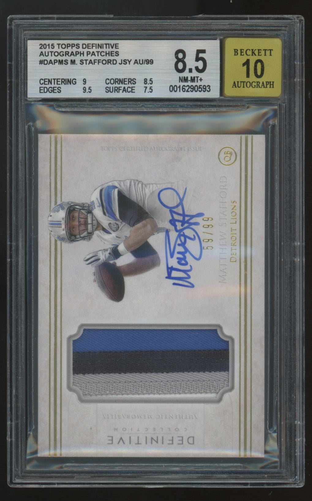 2015 Topps Definitive Matthew Stafford Patch Auto /99 #DAP-MS BGS 8.5 10
