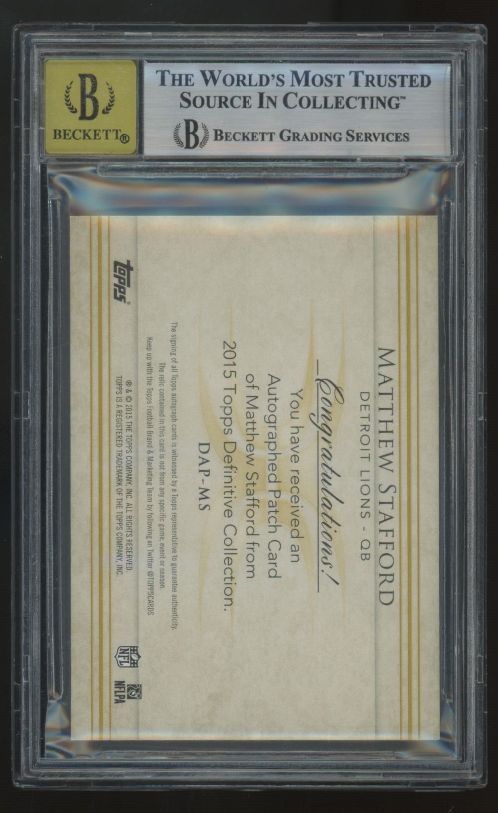 2015 Topps Definitive Matthew Stafford Patch Auto /99 #DAP-MS BGS 8.5 10