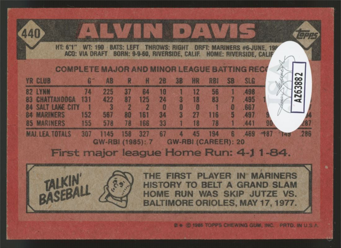 1986 Topps Alvin Davis #440 Signed Auto JSA