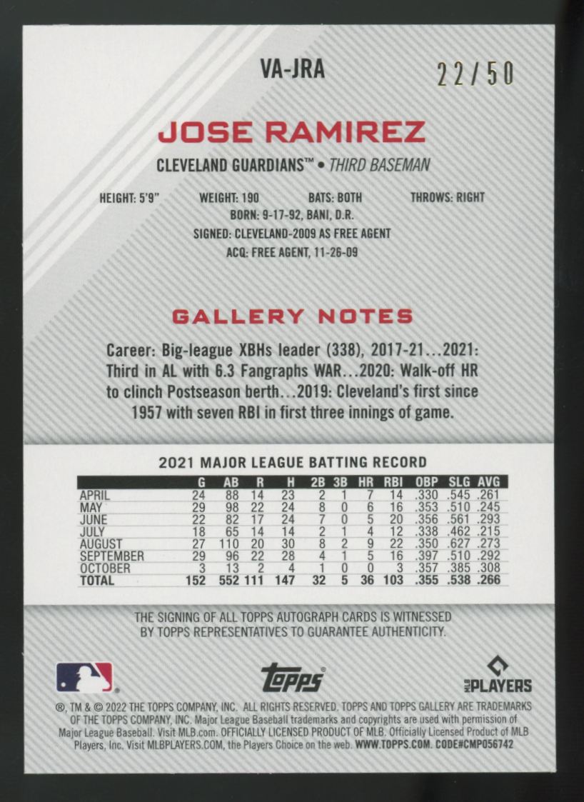 2022 Topps Gallery Jose Ramirez Veteran Blue Auto /50 #VA-JRA
