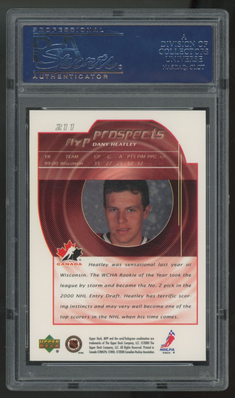 2000-01 Upper Deck MVP Dany Heatley Prospects #211 PSA 10