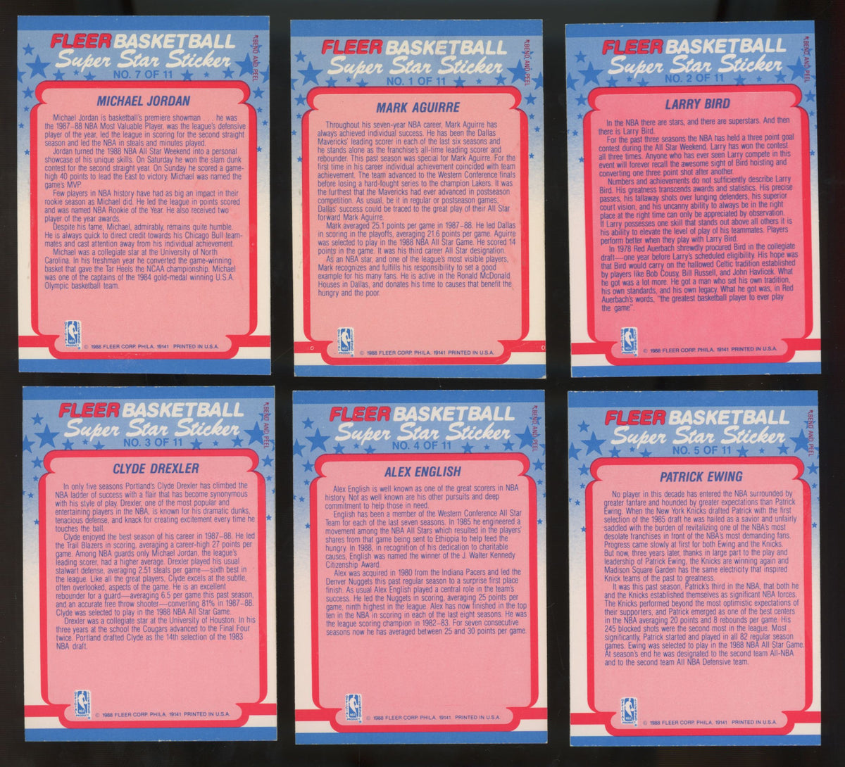 1988-89 Fleer Basketball Stickers Complete Set (11/11) NM