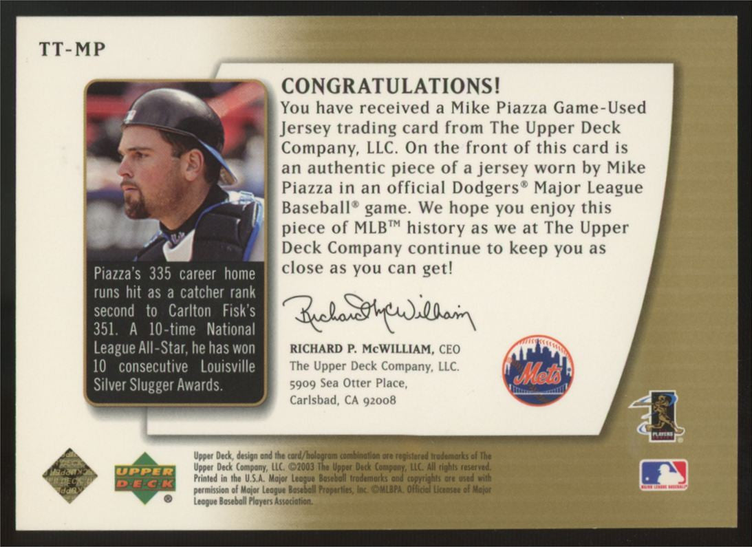 2003 Upper Deck Authentics Mike Piazza Threads Of Time Gold Patch /25 #TT-MP