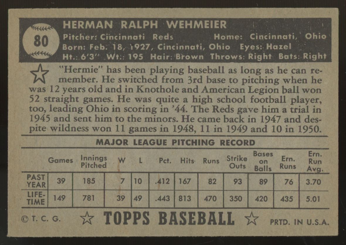 1952 Topps Herman Wehmeier Black Back #80 EX