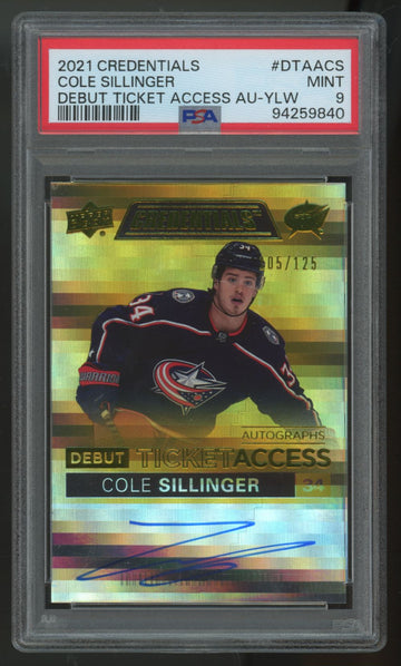 2021-22 UD Credentials Cole Sillinger RC Ticket Yellow Auto /125 #DTAA-CS PSA 9