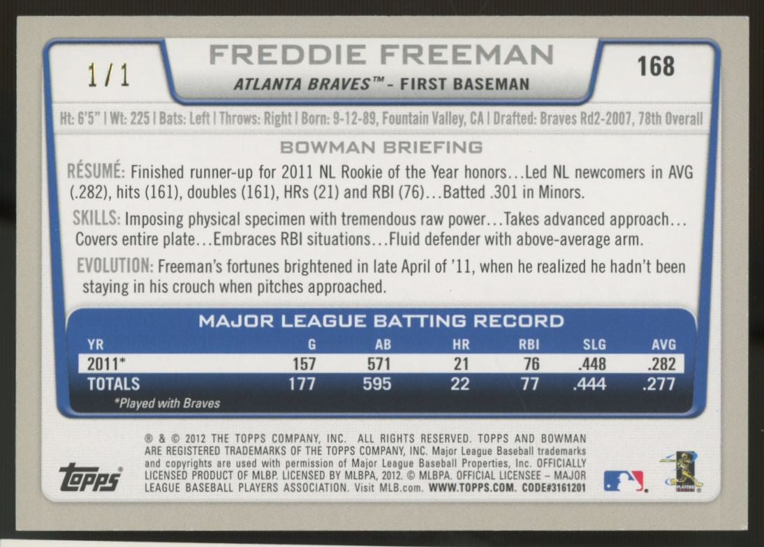 2012 Bowman Freddie Freeman 1/1 Red #168
