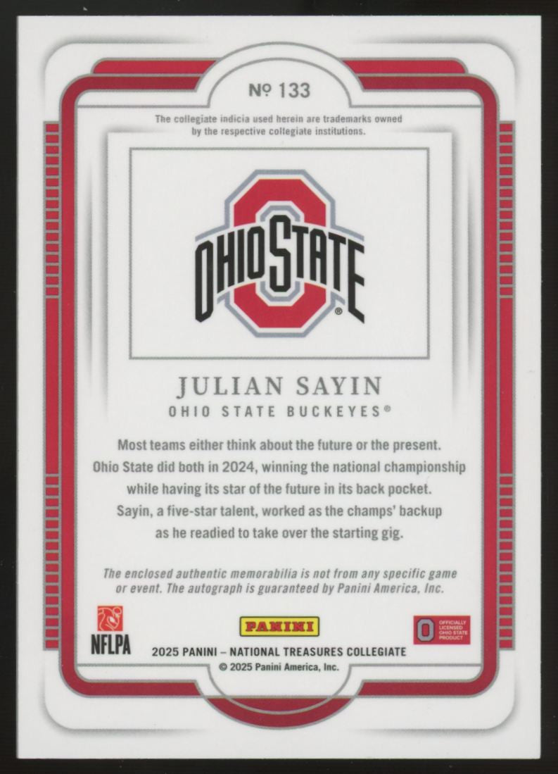 2025 National Treasures Collegiate Julian Sayin Rated Prospect Patch Auto /99