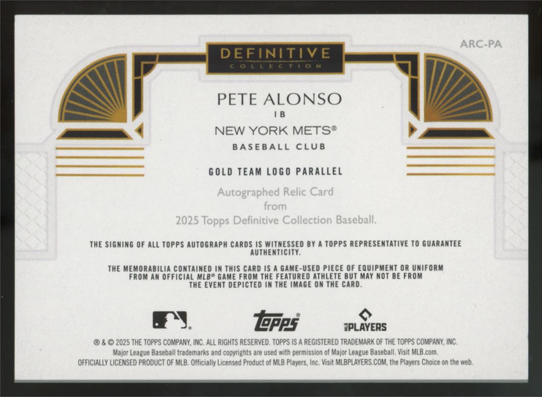2025 Topps Definitive Pete Alonso Gold Team Logo Patch Auto 1/1 #ARC-PA