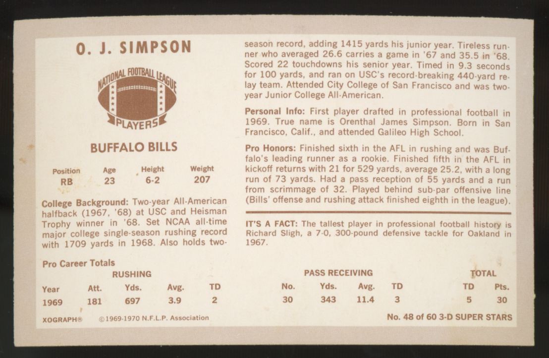 1970 Kellogg's O.J. Simpson RC 3-D Super Stars Xograph #48 EX/MT