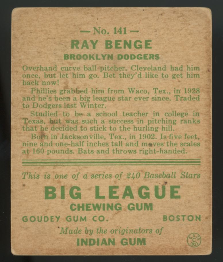 1933 Goudey Ray Benge #141 Good