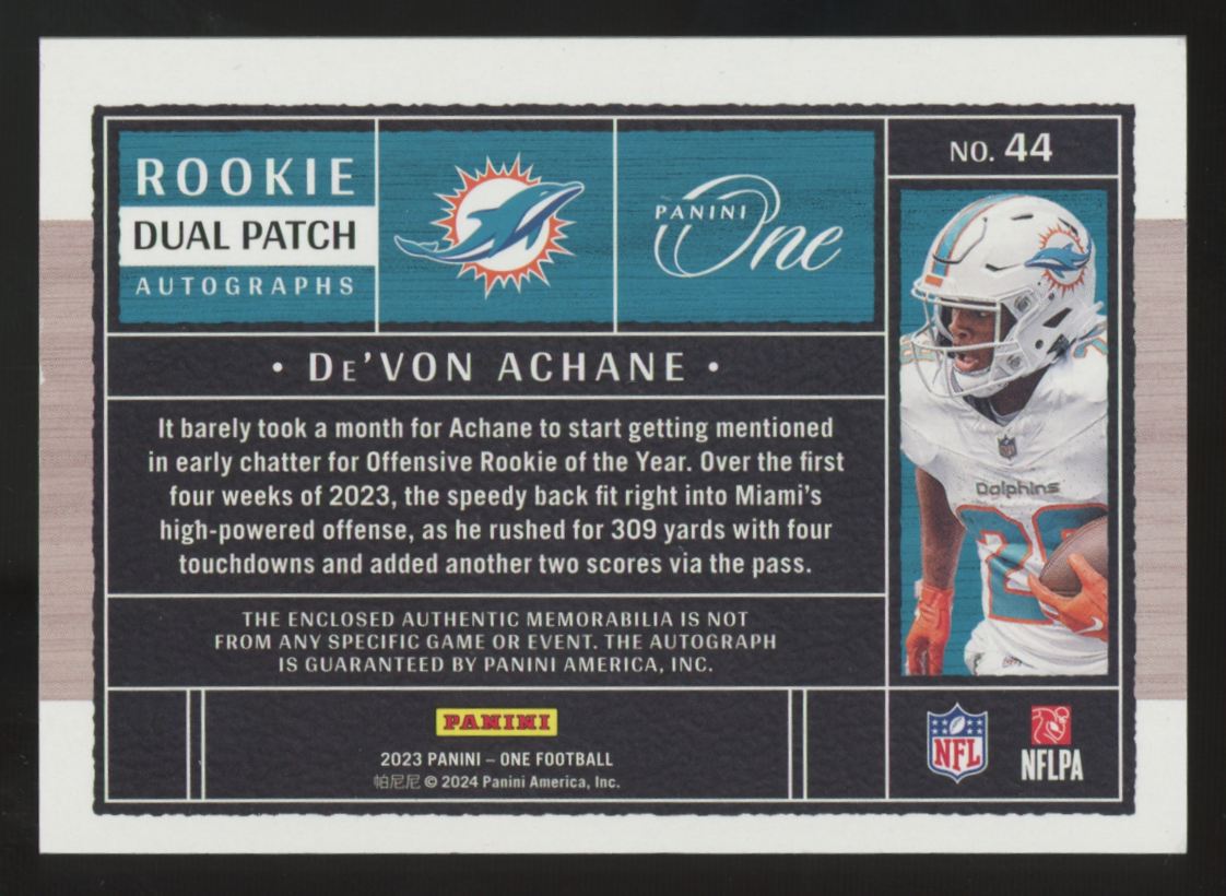 2023 Panini One De'von Achane RC Patch Auto RPA /199 #44