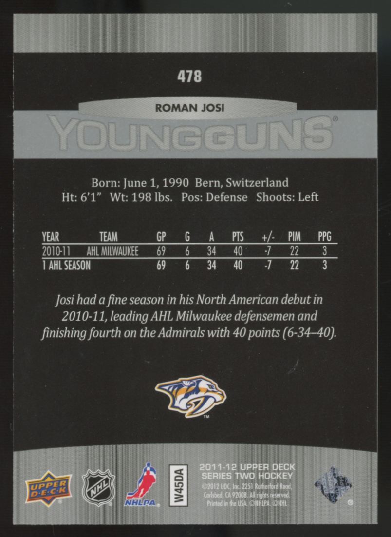 2011-12 Upper Deck Series Two Roman Josi RC Young Guns #478