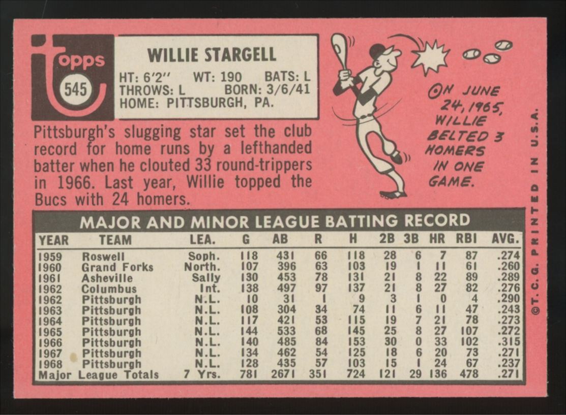 1969 Topps Willie Stargell #545 EX/MT "A"