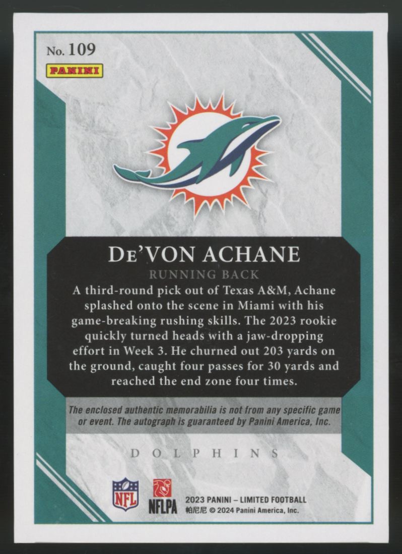 2023 Panini Limited De'Von Achane RC Patch Auto RPA /99 #109