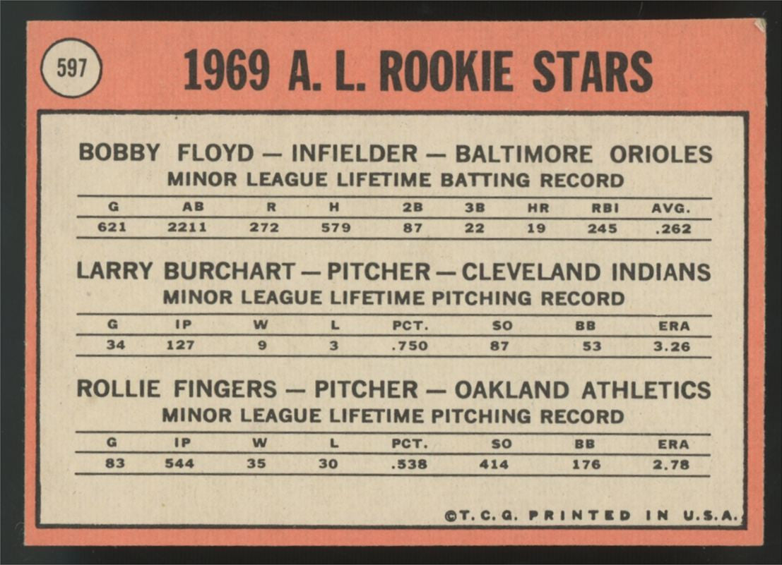 1969 Topps Rollie Fingers RC Rookie Stars #597 VG/EX