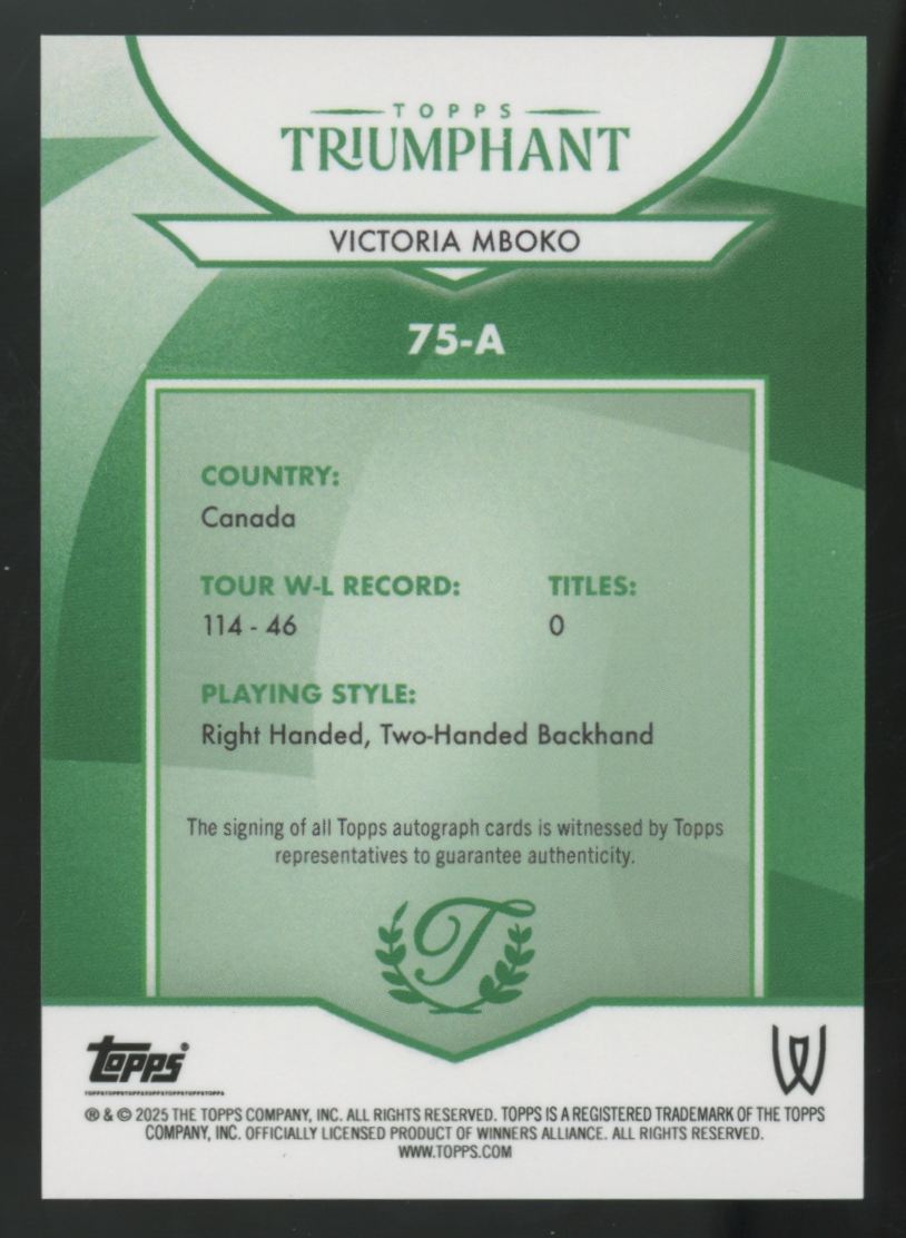 2025 Topps Triumphant Victoria Mboko Hard Court Blue Auto /75 #75-A